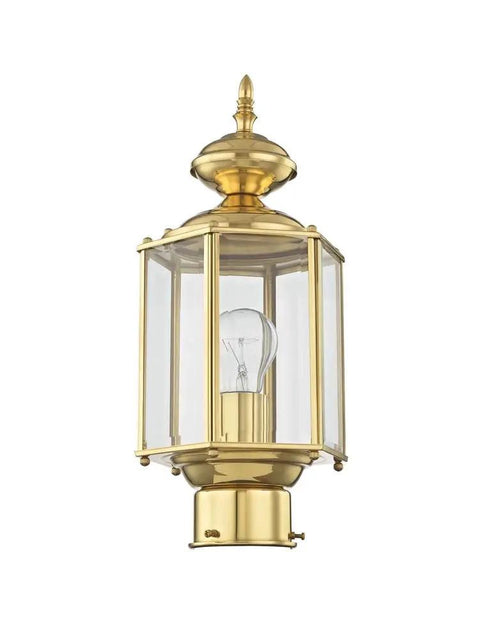Outdoor Post Lantern 2117-02 with clear beveled glass shades in polished brass, traditional design, solid brass exterior fixture