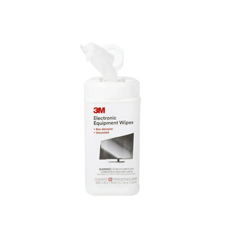 3M electronic equipment wipes canister with wipes dispensing, 80 count, nonabrasive for electronics cleaning, labeled for screens.