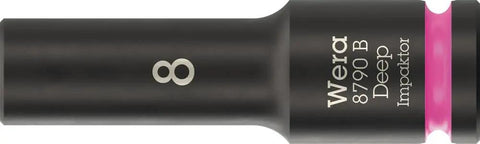 Long Three Eighths Inch Drive Deep Socket Set Fourteen Piece Impaktor Technology, close-up of single 8mm socket with text and markings