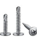 Three Number Eight Truss Head Self Tapping Screws For Sheet Metal 410 Stainless Steel Fasteners One Half Inch with polished finish.