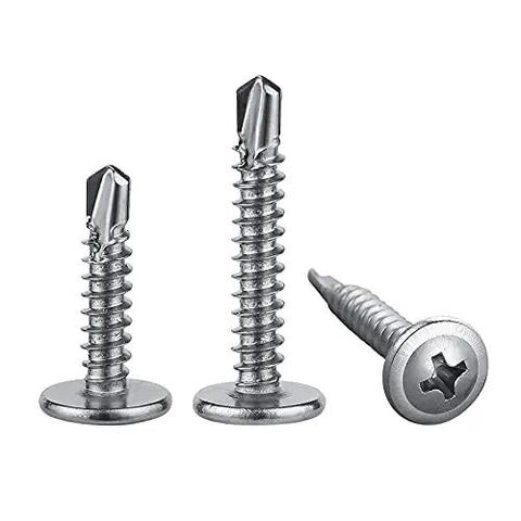 Three Number Eight Truss Head Self Tapping Screws For Sheet Metal 410 Stainless Steel Fasteners One Half Inch with polished finish.