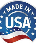 Circular blue Made in USA badge with white stars and a waving red-white-blue ribbon.