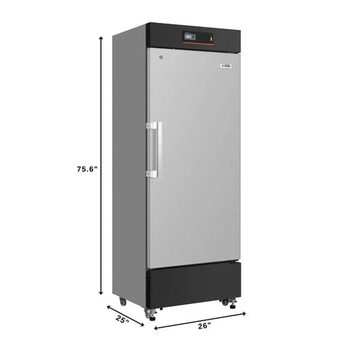 No Sweat Upright Medical Freezer With Twenty Seven Inch Width And Eleven Cubic Feet Storage Space Seven Organized Drawers side view with dimensions.