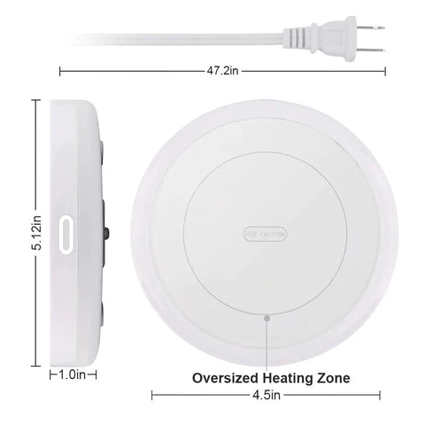 Smart Automatic Mug Warmer With Gravity Induction For Coffee And Tea Keeps Beverages Smooth And Hot All Day Office Desk Essential dimensions shown.