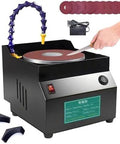 Image of a Professional Wet Dry Bench Sander And 350W Electric Grinder showing a user polishing with a 150mm pad and adjustable water nozzle.