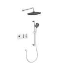 Premium Wall Mounted Shower System Complete Bathroom Faucet Kit Featuring Rain Head And Handheld Sprayer, Five Meter Hose, Solid Valve Core, Kick Back Relaxation Ready, No Sweat Install And Crisp Water Flow, chrome finish rain shower head and handheld sprayer.