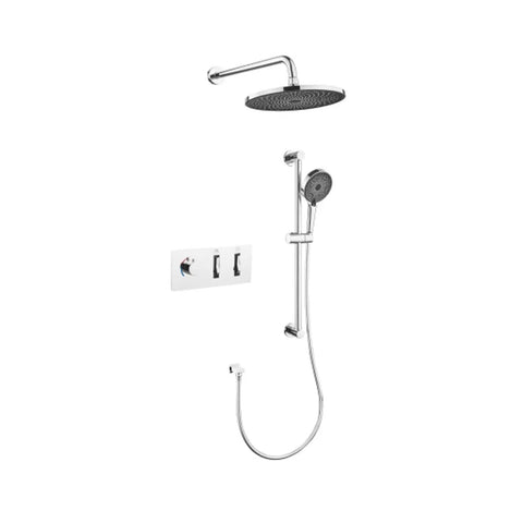 Premium Wall Mounted Shower System Complete Bathroom Faucet Kit Featuring Rain Head And Handheld Sprayer, Five Meter Hose, Solid Valve Core, Kick Back Relaxation Ready, No Sweat Install And Crisp Water Flow, chrome finish rain shower head and handheld sprayer.