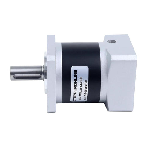 Side view of STEPPERONLINE MGL planetary gearbox with Nema 23 motor, white housing, 50:1 ratio, φ8mm shaft