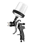 Pro Level Pneumatic Spray Gun Set With Top Loading Tank That Slings Paint Like A Champ For Automotive Bodywork And Furniture Fix Ups With Latex Coats In Striking Red Build Offering Smooth 230mm Spray Range, showing spray gun with 600ml top loading tank.