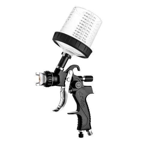 Pro Level Pneumatic Spray Gun Set With Top Loading Tank That Slings Paint Like A Champ For Automotive Bodywork And Furniture Fix Ups With Latex Coats In Striking Red Build Offering Smooth 230mm Spray Range, showing spray gun with 600ml top loading tank.