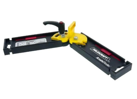 Angle Finder And Layout Jig For Crown Molding And Trim Work With Miter Saw Setup in black with yellow angle divider