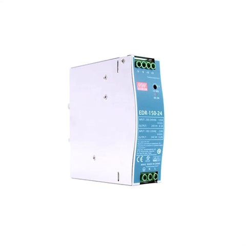 Hard As Nails 150W 24V Din Rail Power Supply with blue label, compact design for industrial use, rated 6.5 Amps output.