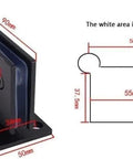 Top Shelf 90 Degree Glass Door Hinges Wall Mount Bracket For Frameless Shower Doors With A Dead Solid Feel Featuring 304 Stainless Steel And A Slick Matte Black Finish That Holds 8 To 12 Mm Glass Tight, dimensions and glass notch details shown.