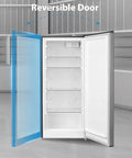 Sleek Upright Freezer With Convertible Refrigerator Setup Seven Point One Cubic Foot Stainless Steel Build showing reversible door and glass shelves.