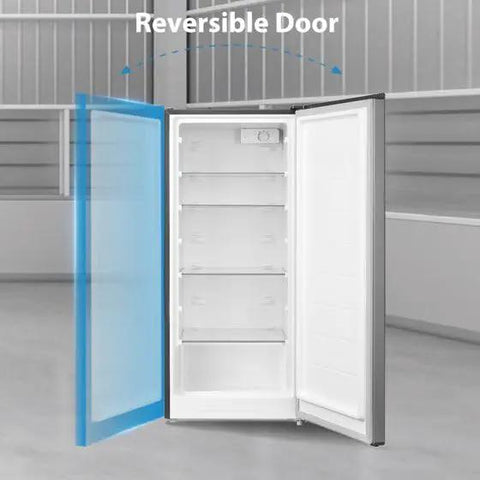 Sleek Upright Freezer With Convertible Refrigerator Setup Seven Point One Cubic Foot Stainless Steel Build showing reversible door and glass shelves.