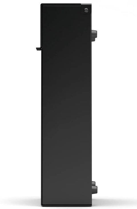 Side view of sleek modern wall mount mailbox in black powder coated aluminum no fuss rust proof and ultra durable with mounting holes.