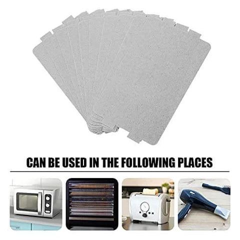 10 Piece Microwave Oven Mica Insulation Sheets Heat Resistant Waveguide Cover Plates shown with various kitchen appliances.