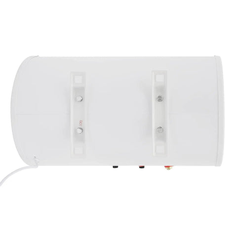 18.5 Gallon Horizontal Electric Hot Water Heater With Slick Wall Mount Hardware And Clear Temperature Display, top view showing mounting hardware.