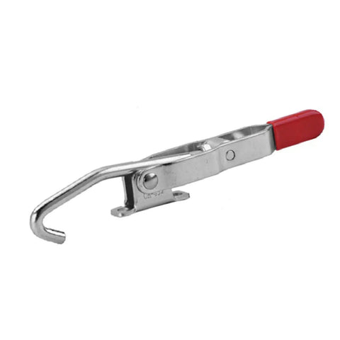 J Hook Toggle Clamp Stainless Steel Heavy Duty Hold Down Clamp, side view with red handle, for woodworking projects.