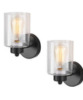 Matte Black Metal Wall Sconces With Clear Glass Shades Two Pack Modern Bathroom Vanity Lights Brushed Brass Finish