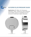 Glycerin-filled pressure gauge, 2.5-inch dial, 1/4 NPT mount, stainless steel case, brass wetted parts, front and side views