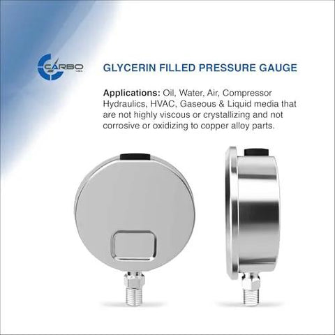 Front and side views of CARBO glycerin-filled pressure gauge, 2.5-in dial, stainless steel case, 1/4 NPT lower mount.