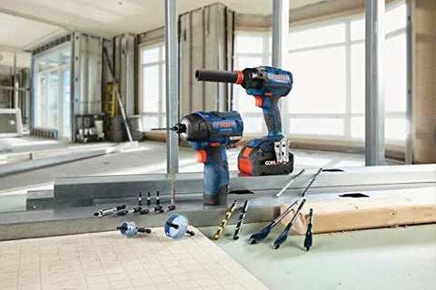 Bosch blue cordless drill and impact driver on a metal-framed construction site with drill bits