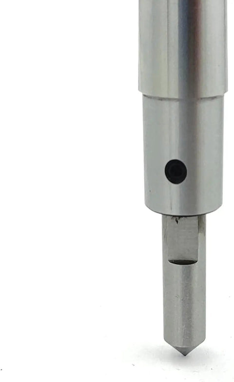 Close-up of MT2 Shank Spring Center Tap Guide Tool for Aligning Taps on Lathe Mill, showing tip and spring-loaded mechanism.