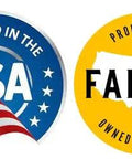 Round badges stating 'Designed in the USA' with stars and stripes, and 'Proud to be Family Owned/Operated' with a US map silhouette.