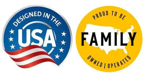 Round badges stating 'Designed in the USA' with stars and stripes, and 'Proud to be Family Owned/Operated' with a US map silhouette.