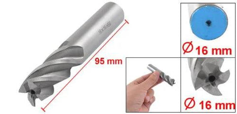 Front view: uxcell 16mm end mill, HSS, 4-flute cutter, 16mm shank, 95mm length