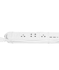 Kickass Smart Power Strip Featuring Four AC Outlets USBC Fast Charger BLE Remote Switch Voice Control Sync And No Hassle App Management For Home Office Gear, white with four AC ports and USB connectors.
