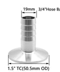 Front view of sanitary tri-clamp to 3/4in hose barb adapter, 1.5in TC, 304 stainless