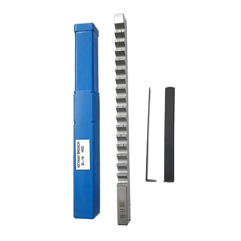 Deadset Reliable HSS Keyway Broach For CNC Machining, includes blue case and broaching tool with precise keyway slots.