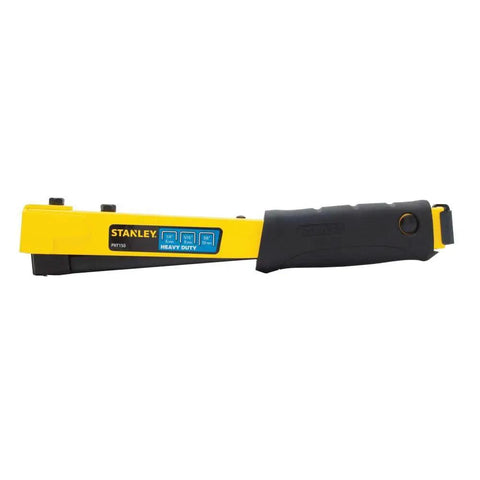Heavy Duty Hammer Tacker For Carpeting Insulation Felting And Plastic Wrap With Steel Housing Built To Last Accepts Two Sticks Of Staples Easy Load Rugged DIY Staple Gun For Pro Results, side view.