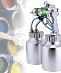 Heavy Duty Workhorse Pneumatic Spray Gun With Slick Dual Nozzle Setup For Crisp Industrial Finishes Built Hella Tough Using Premium Stainless Steel Internal Parts And Reliable Pressure Feed Operation, showcasing dual paint cups.