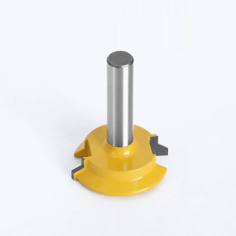 Badass Straight Router Bit For Drawer Molding And Lock Tenon With Smooth As Butter Cutting Action Rock Solid Hardened Steel Build Half Inch Shank and Fully Enclosed Bearing For Splinter Free Woodworking Builds viewed from the side on a white background.