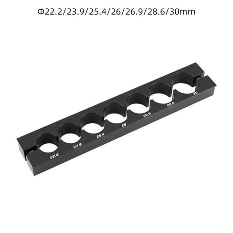 Pro Grade Bike Axle Clamp Fixture With Auxiliary Spring For Synchronized Clamping showing six size measurements in 6061 aluminum