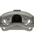 Front view: Raybestos Element3 brake caliper and bracket assembly, semi-loaded, metallic silver