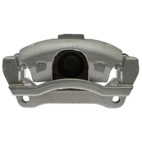Front view: Raybestos Element3 brake caliper and bracket assembly, semi-loaded, metallic silver