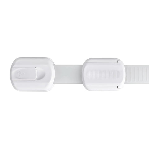 Close-up of Eight Pack Child Safety Cabinet And Drawer Locks Adhesive No Drill showing white finish and lock mechanism.