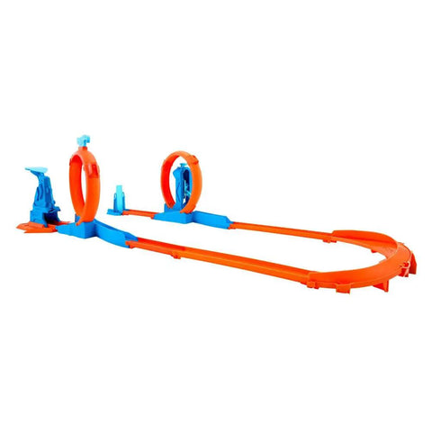 Orange and blue Triple Loop Track Set for Kids with 1 to 64 Scale Vehicle, featuring three loops and snap tracks for stunts.