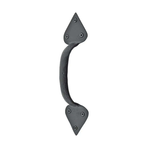 Black Wrought Iron Door Pull Handle 10 Inch Long Rustic Heart Tip Style Built Tough Heavy Duty with Mounting Hardware