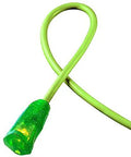 Close-up of Heavy Duty 100 Ft Lighted Outdoor Extension Cord 12 Awg with glowing tip plug, showcasing the bright green rubber material.