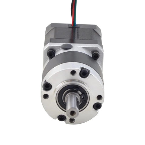 Front view of Nema 17 Stepper Motor With 39mm Length And 5 To 1 Planetary Gearbox shown with built-in shaft coupling for easy swaps.