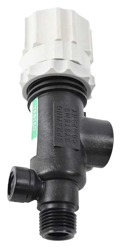 TeeJet 1/2 in manual pressure relief/regulating valve, black body with white top adjustment knob, side view.