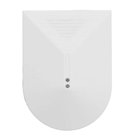 Real Deal High Sensitivity Glass Break Detector For Home Security Systems Adjustable Digital Impact Sensor angled view showing front design.