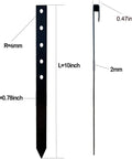 Diagram of 24 Pack 10 Inch Heavy Duty Metal Landscape Edging Stakes Galvanized Spikes with dimensions labeled, showing hole size and width.