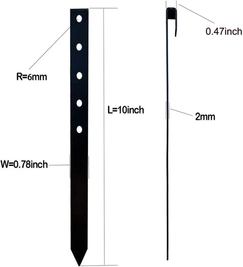Diagram of 24 Pack 10 Inch Heavy Duty Metal Landscape Edging Stakes Galvanized Spikes with dimensions labeled, showing hole size and width.