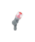 Side view of Osprey Hydraulics bite valve replacement; gray plastic valve with pink translucent bite cap.